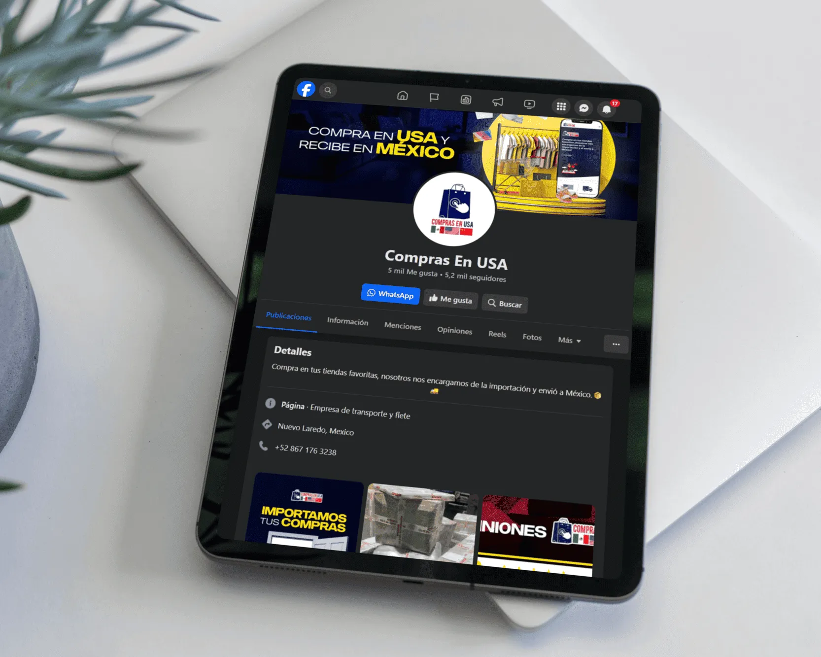 Página de Facebook de Compras en USA en una tableta.