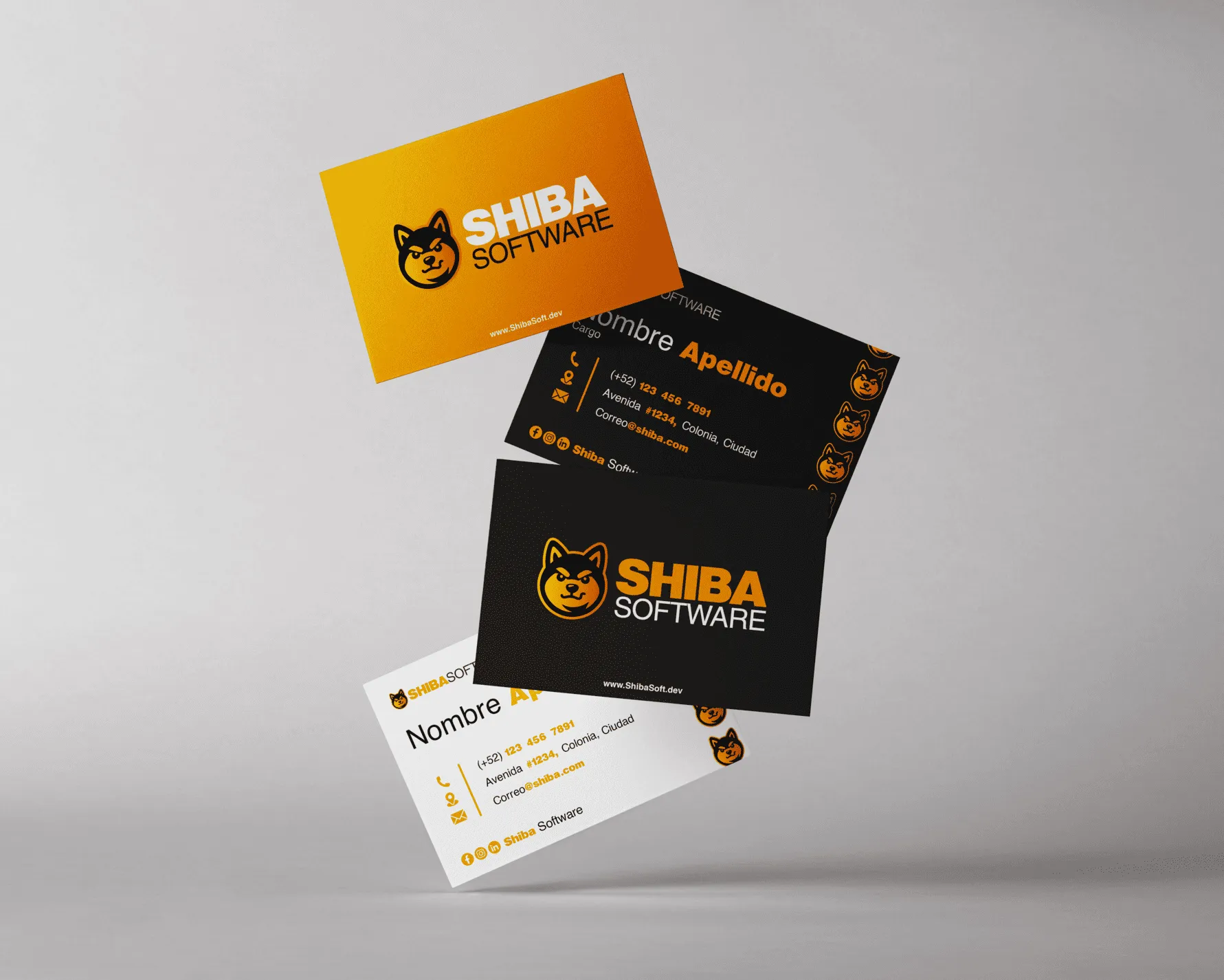 Tarjetas de presentación de Shiba Software en naranja, negro y blanco.